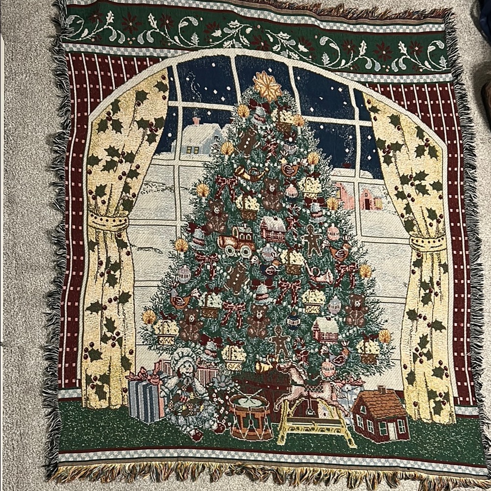 Festive Green and Red Holiday Throw with Christmas Tree Design